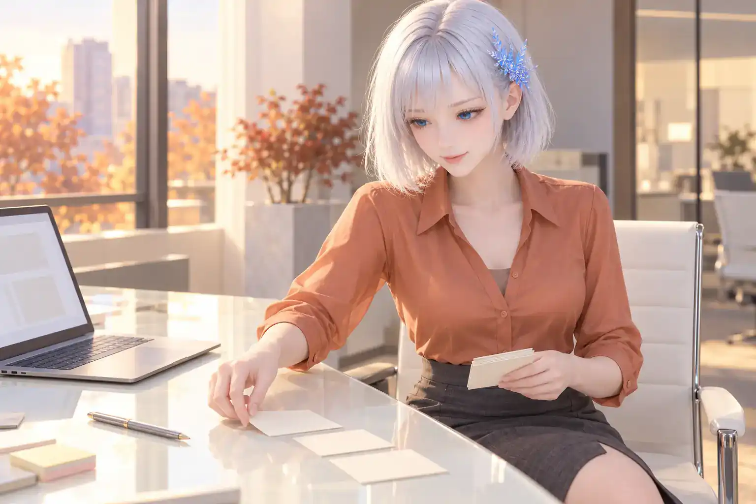 秋の午後の架空のオフィスで、テラコッタ色の薄手ブラウスとスレートチャコールのタイトスカートを着たLAPISが、白いガラスの会議テーブルに座り、左手で無地のメモカードを並べ替えながら青い瞳を手元へ向ける三分身構図