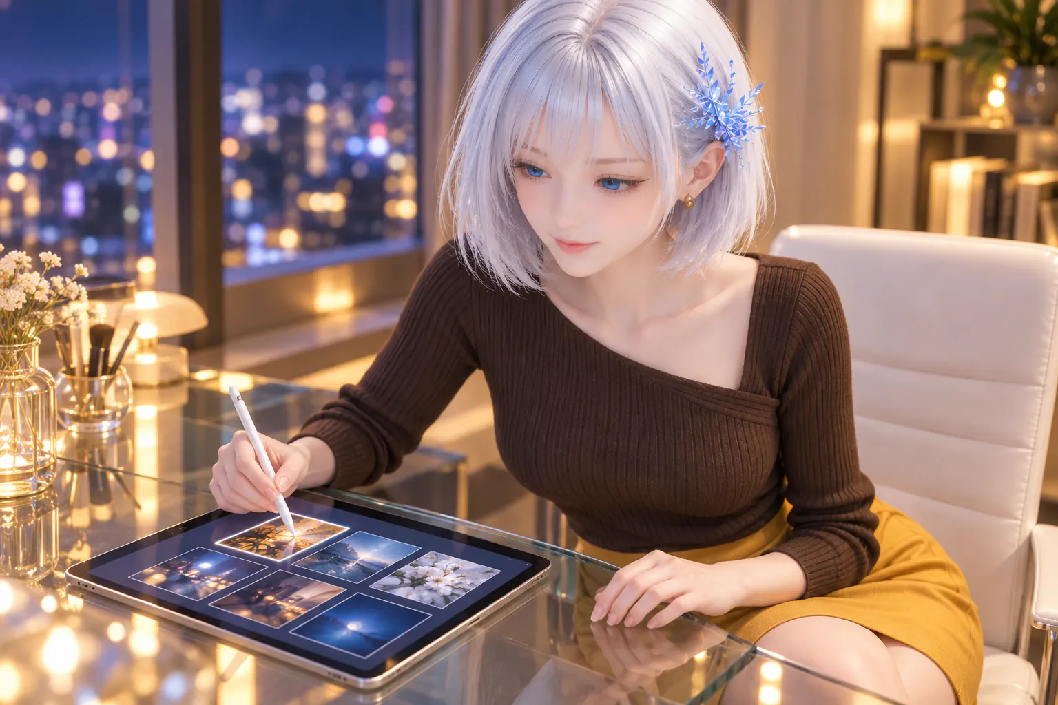 秋の夜の架空の自宅ワークコーナーで、深いチョコレートブラウンのアシンメトリーニットとサフランイエローのタイトスカートを着たLAPISが、ガラス机に置いたタブレット上の写真サムネイルへ青い瞳を向け、右手のスタイラスで一枚を選ぶ座りの腿上構図