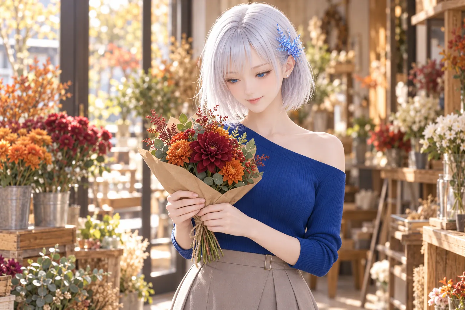 秋の午後の架空の花屋で、コバルトブルーのアシンメトリーニットとグレージュのミディスカートを着たLAPISが、深い赤とオレンジの花を束ねた小さな花束を両手で持ち、青い瞳を花へ向けて微笑む腿上構図