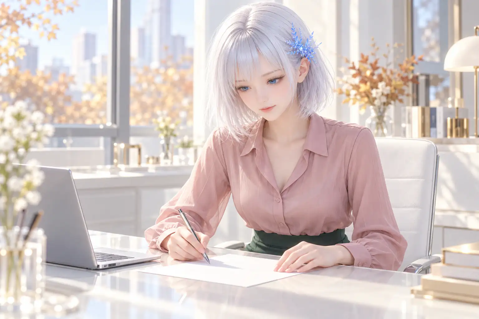秋の月曜午前の架空の明るいオフィスで、ダスティローズの薄手ブラウスと深いフォレストグリーンのタイトスカートを着たLAPISが、白いガラス机に置いた無地の校正紙へ青い瞳を向け、右手のペンで一行を確認しながら左手で紙を押さえる座りの上半身構図