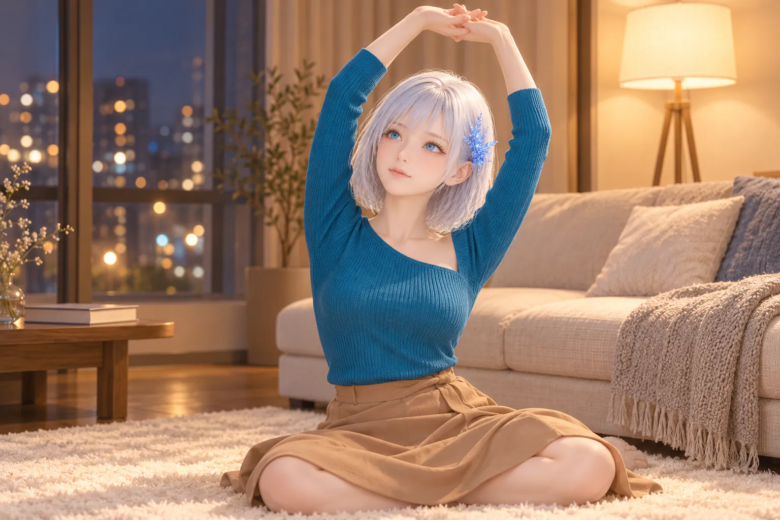 秋の火曜の夜、架空の自宅リビングで、深いターコイズのリブニットトップスと暖かなキャメルのミディスカートを着たLAPISが、クリーム色のラグに座って両腕を頭上へ伸ばし、青い瞳を組んだ手へ向けてストレッチする腿上構図