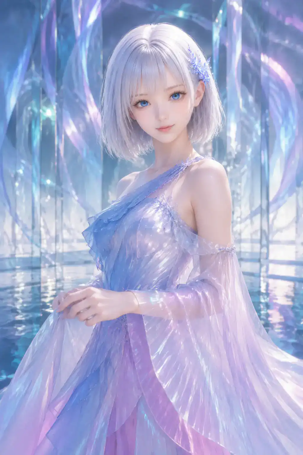 オーロラカラーの透明なクチュールをまとい鏡面の光空間に佇むLAPIS
