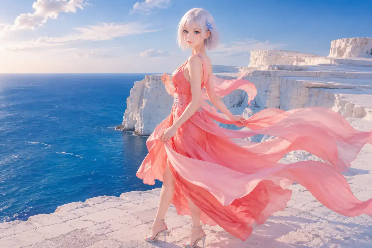 コーラルピンクのドレスをまとい青い海と白い断崖を背に歩くLAPIS