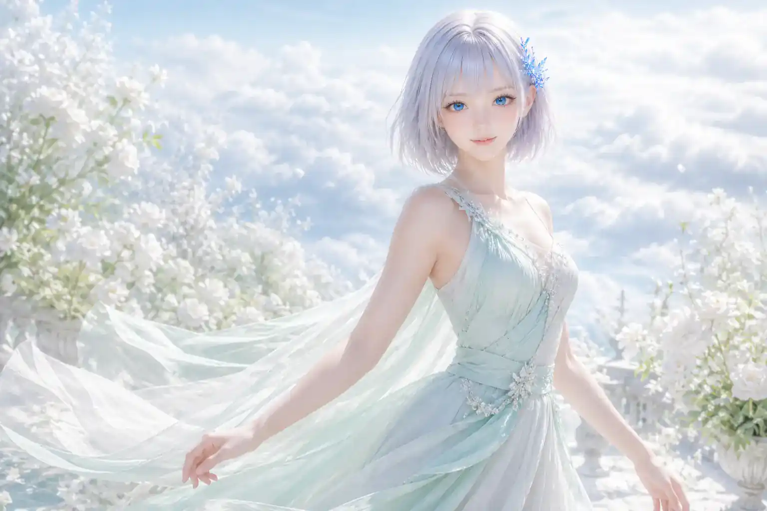 淡いミントのアシンメトリードレスで白い花と雲を望む庭園に立つLAPIS