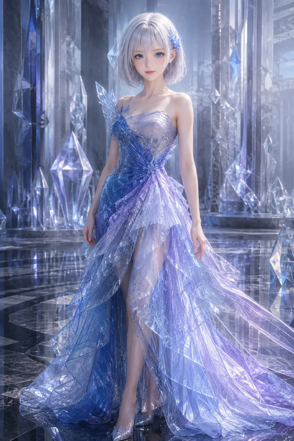 ブルーとラベンダーの透明なクチュールドレスでクリスタルの回廊に立つLAPIS