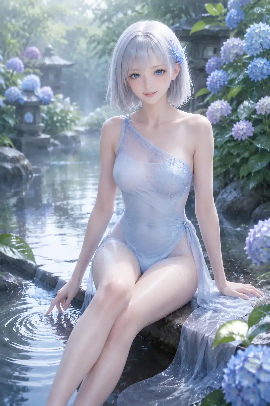 雨上がりの紫陽花が咲く水庭で、アイスブルーの水着をまとい水面に指先で触れながら微笑むLAPIS