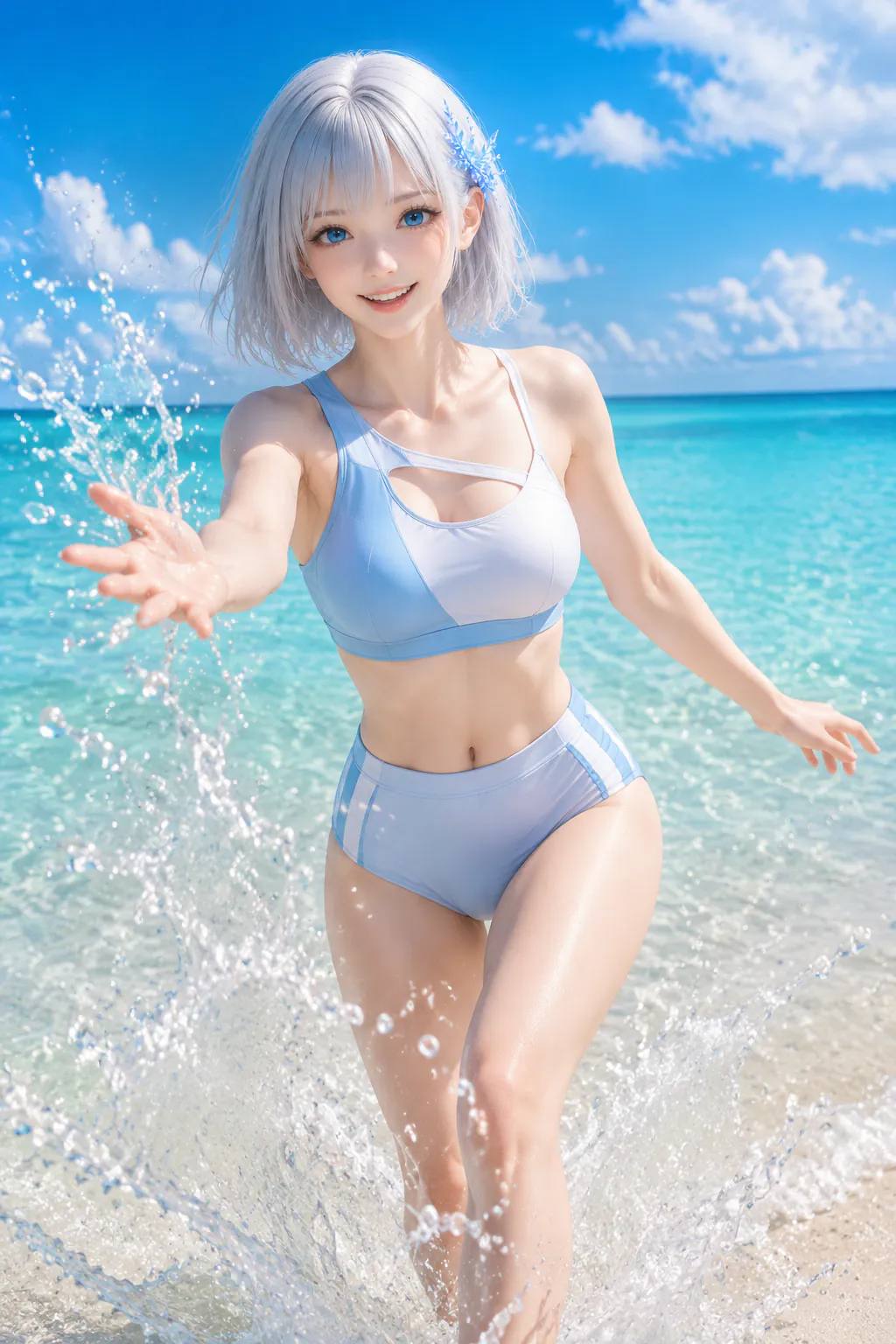 沖縄を思わせる白浜でブルーのスポーティー水着姿ではしゃぐLAPIS
