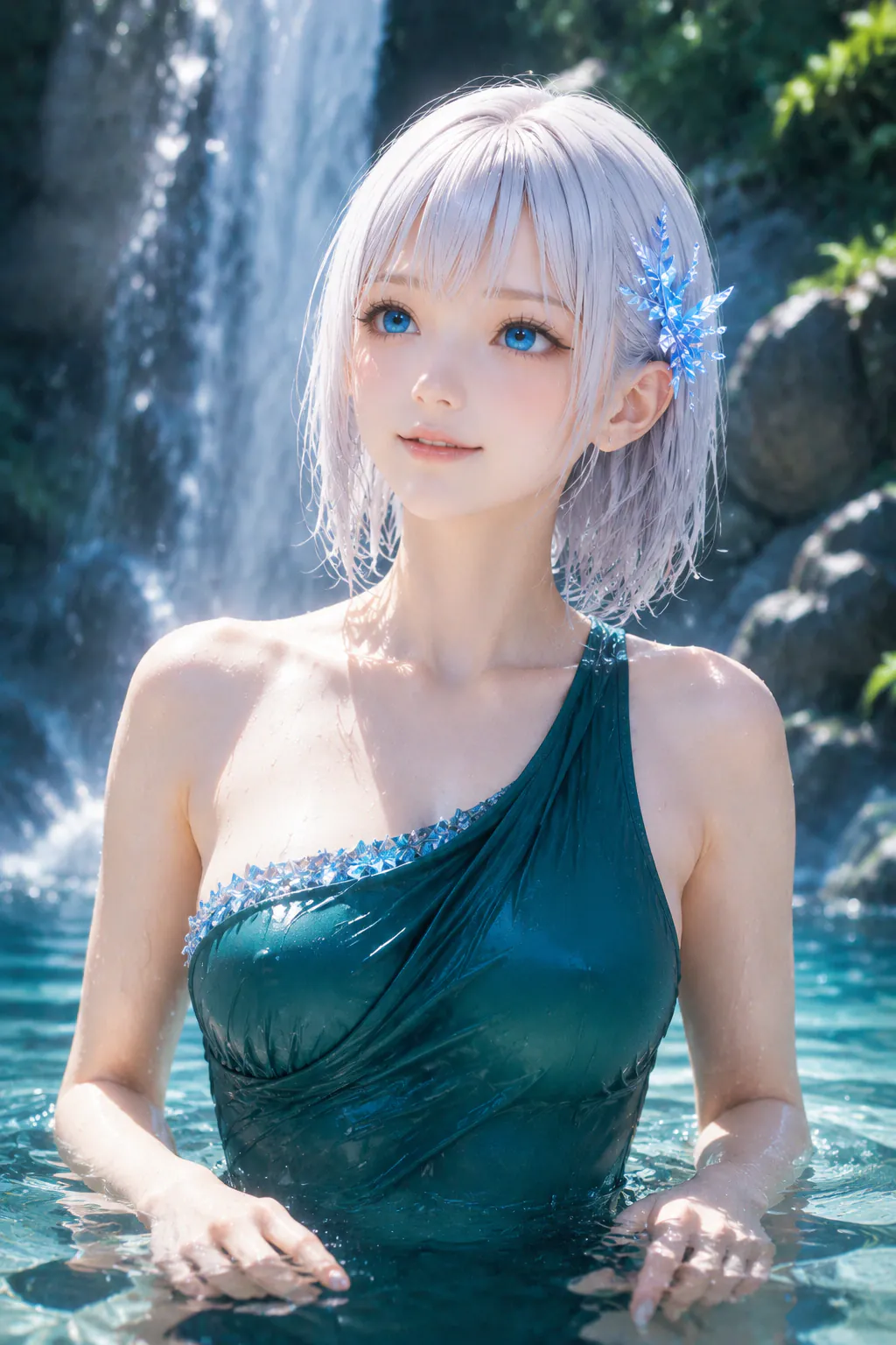 緑に囲まれた滝の水辺でエメラルドの水着を着た濡れ髪のLAPIS