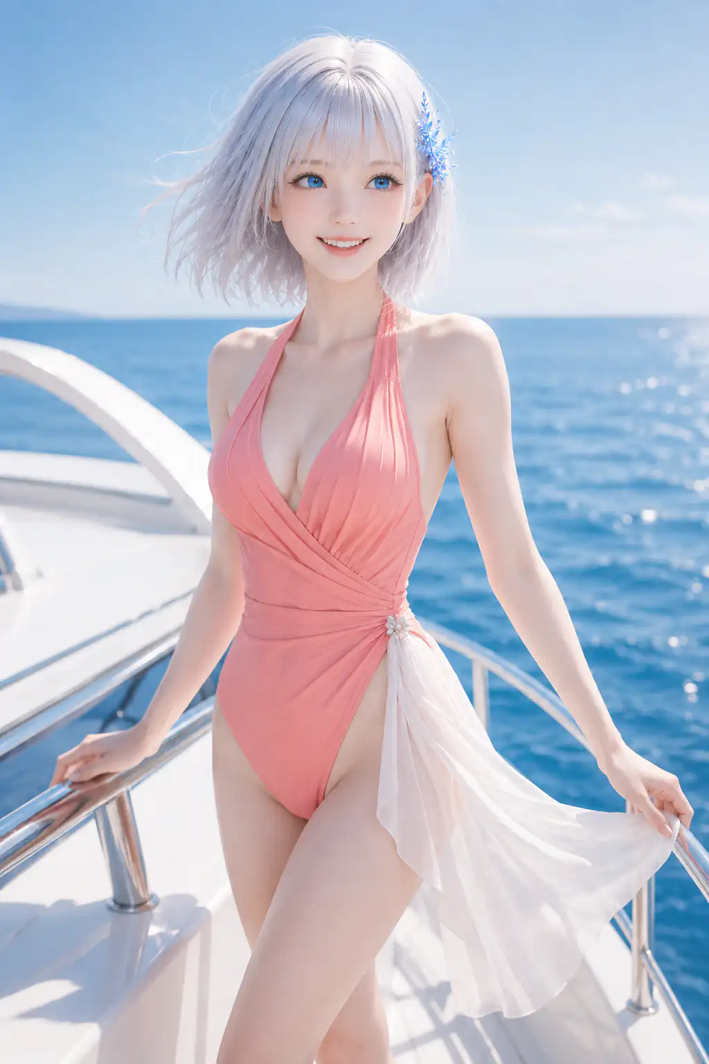 青い海を進むヨットでコーラルピンクの水着姿で笑うLAPIS