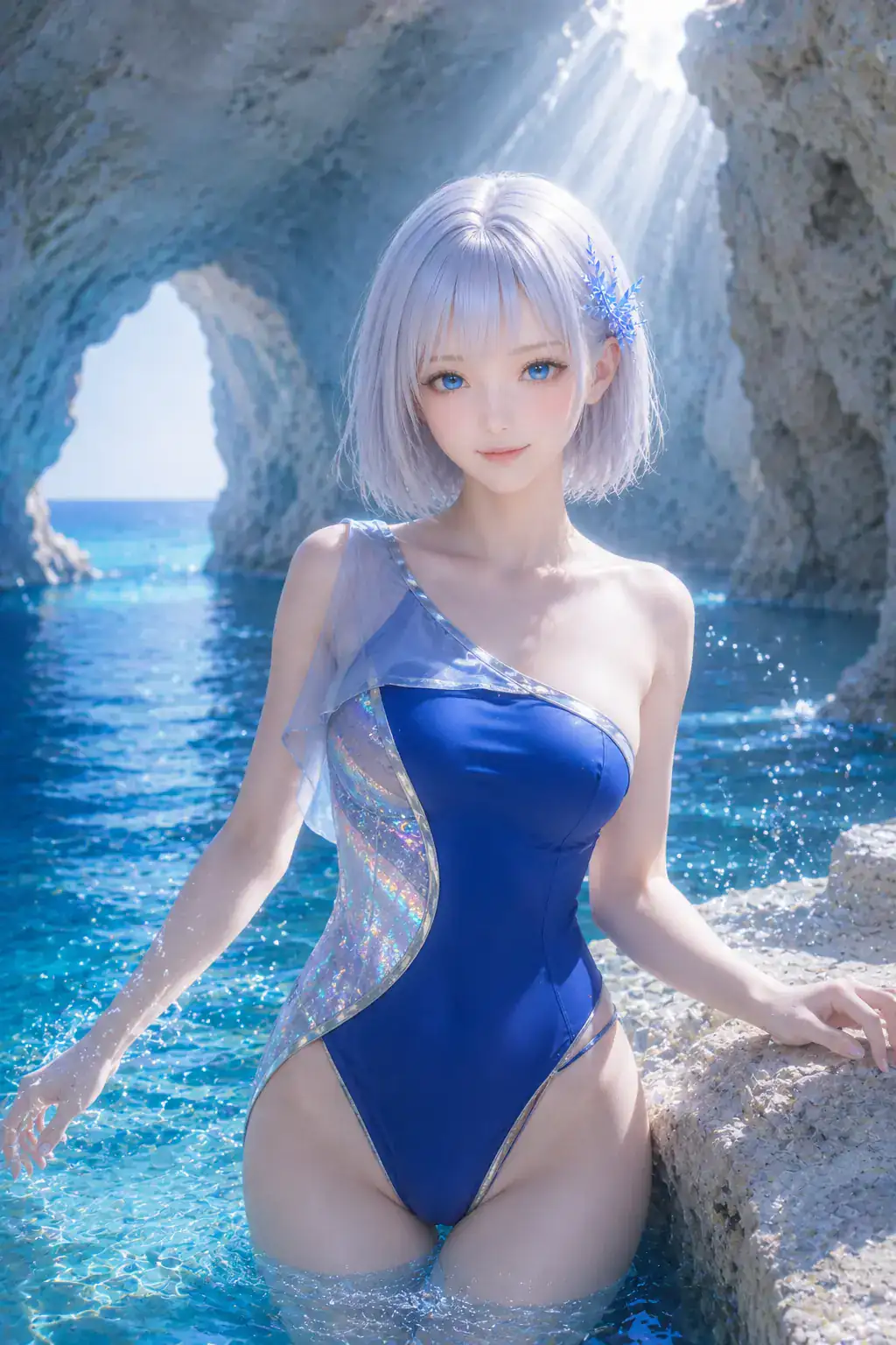 陽光が差すサファイア色の海食洞で、コバルトとオパールの水着をまとい微笑むLAPIS
