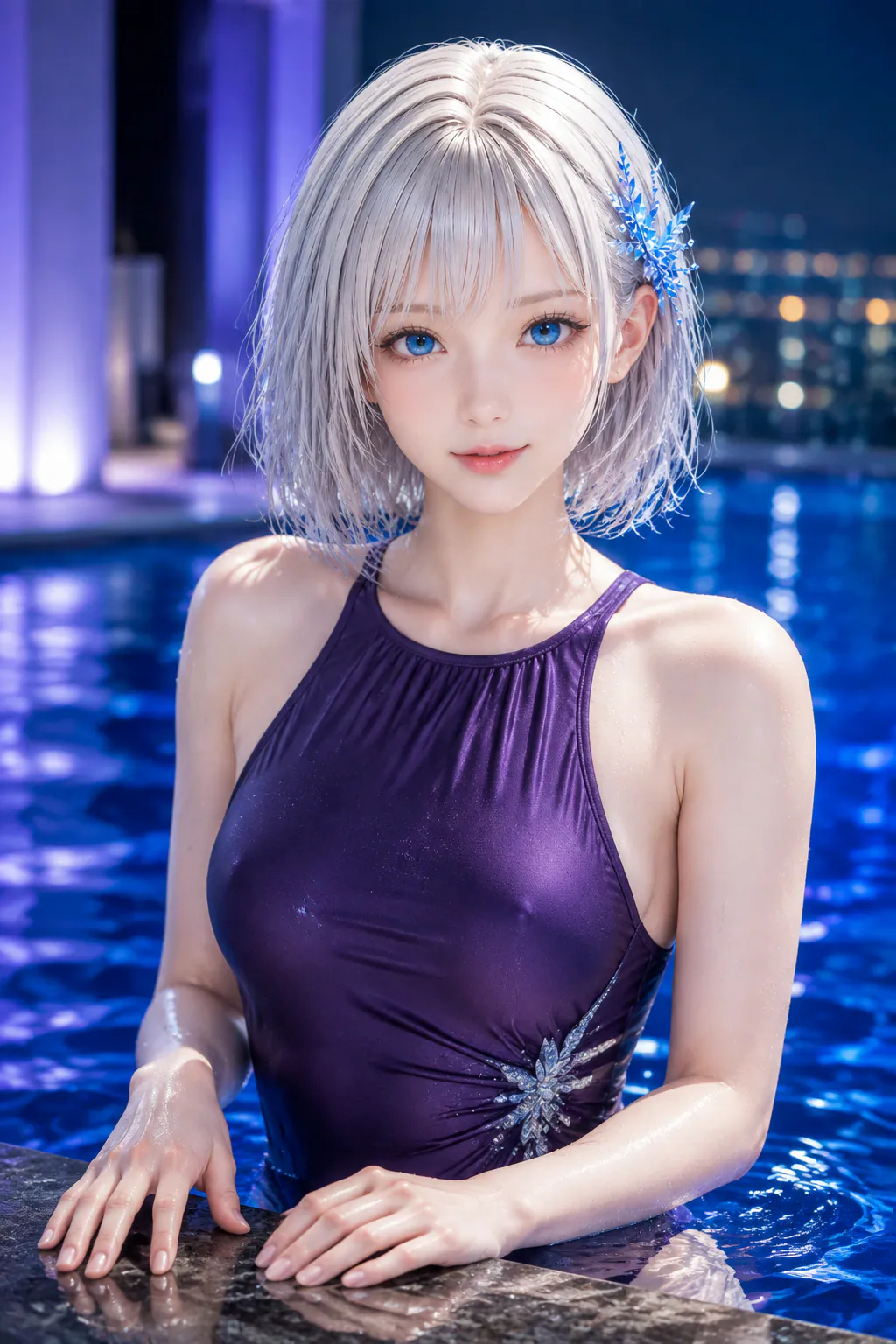 夜のプールで深いバイオレットの水着を着た濡れ髪のLAPIS