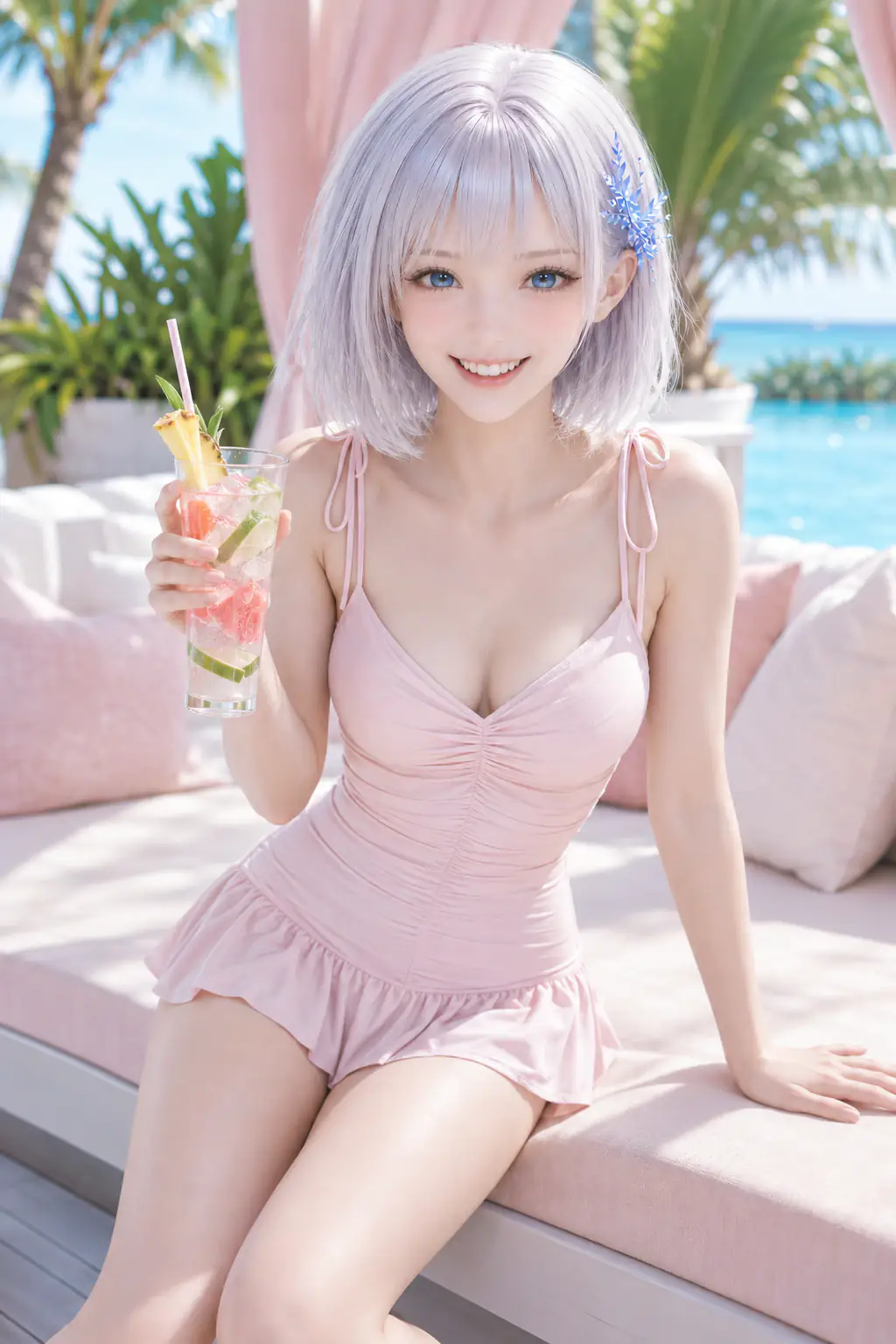 海辺のカバナで淡いピンクの水着を着てドリンクを持ち笑うLAPIS
