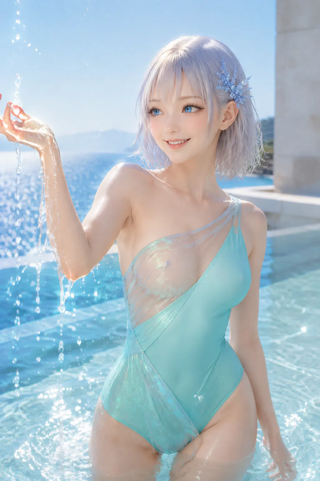 海へ続くようなプールの階段でオーロラブルーの水着姿で笑うLAPIS