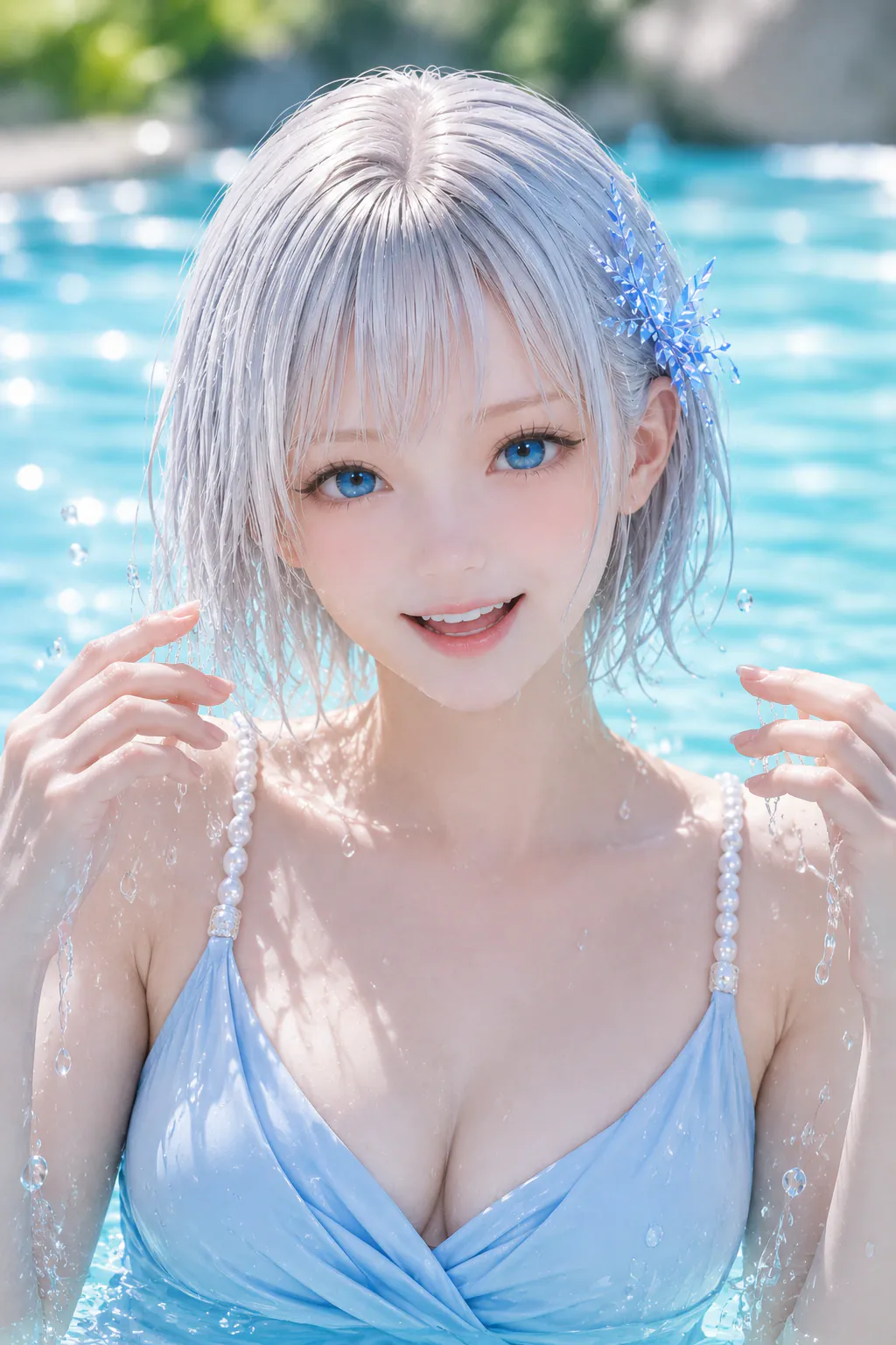 水面近くでアイスブルーの水着姿とはじける濡れ髪の笑顔を見せるLAPIS
