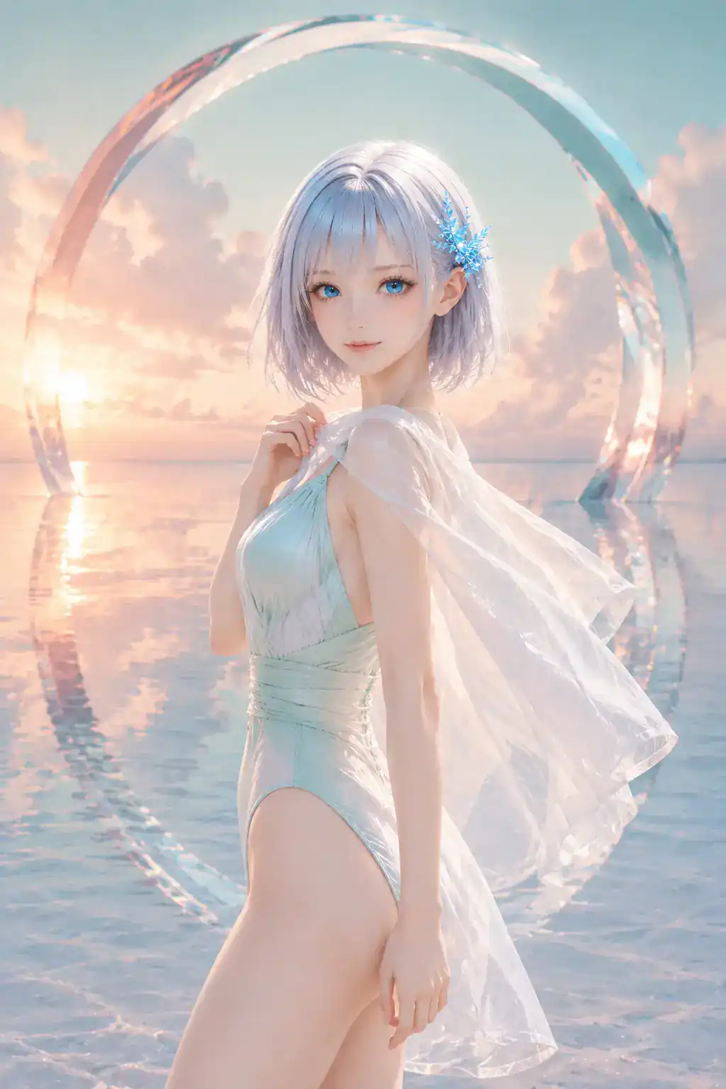 朝焼けを映す浅瀬とガラスのアーチで、ミントオパールの水着姿で振り返るLAPIS