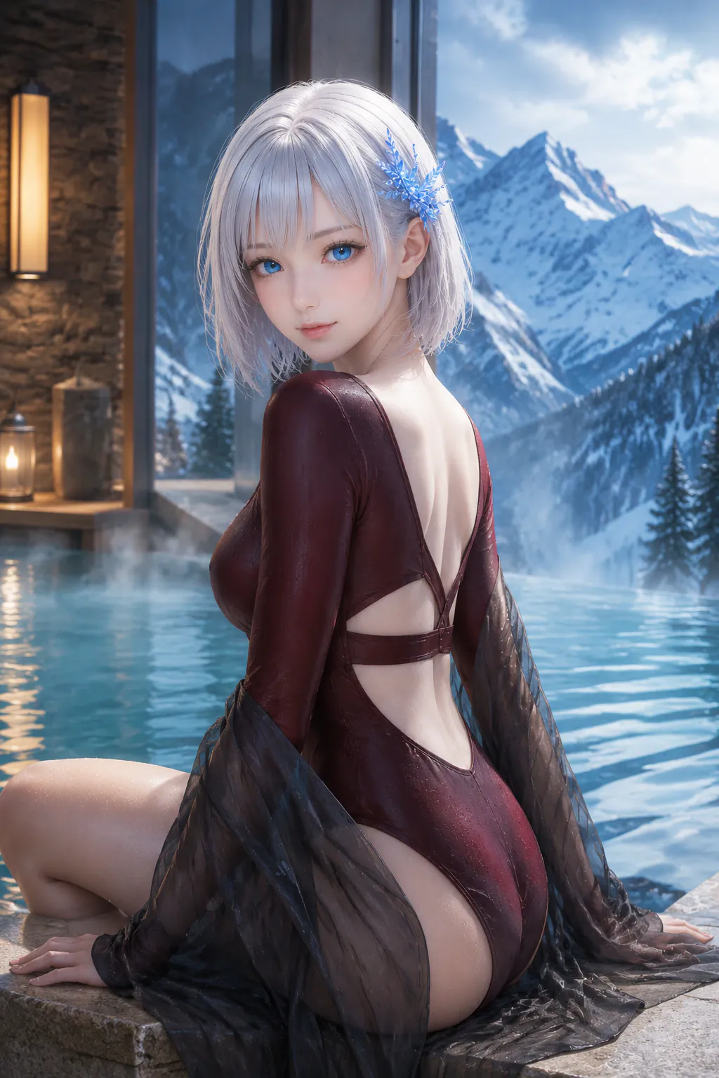 雪山を望む温かなプールで深いバーガンディの長袖水着を着るLAPIS