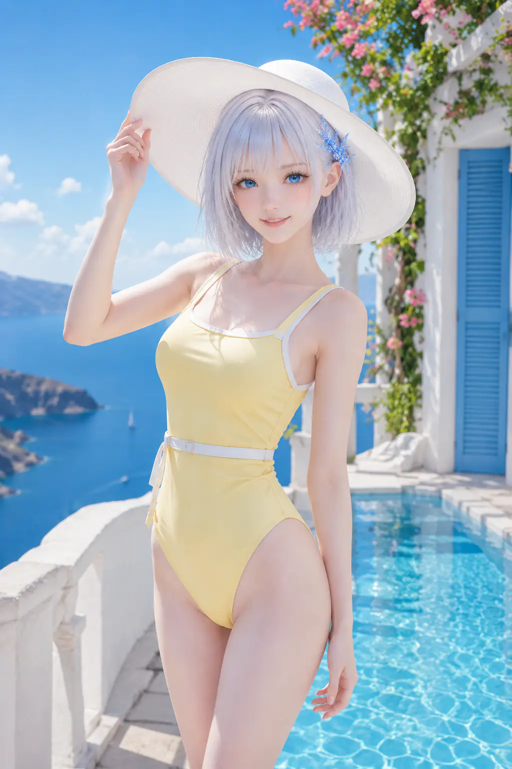 地中海風のテラスプールでレモンイエローの水着と白い帽子を合わせるLAPIS