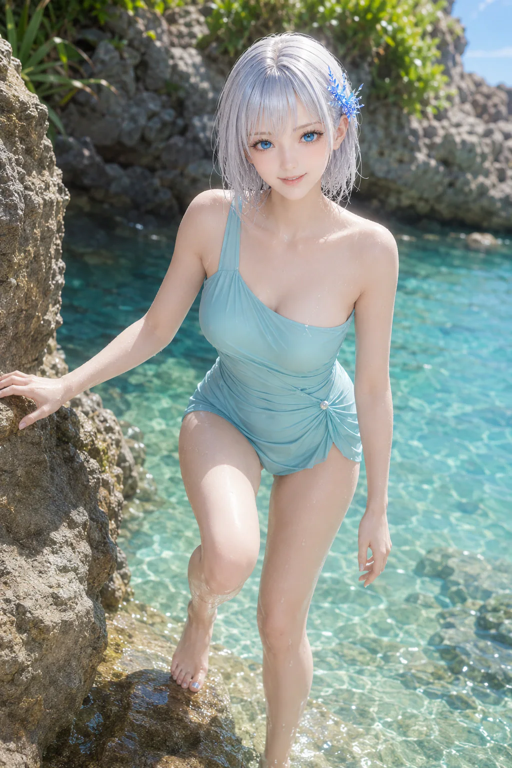 海辺の岩場でアクアブルーの水着姿で水から上がる濡れ髪のLAPIS