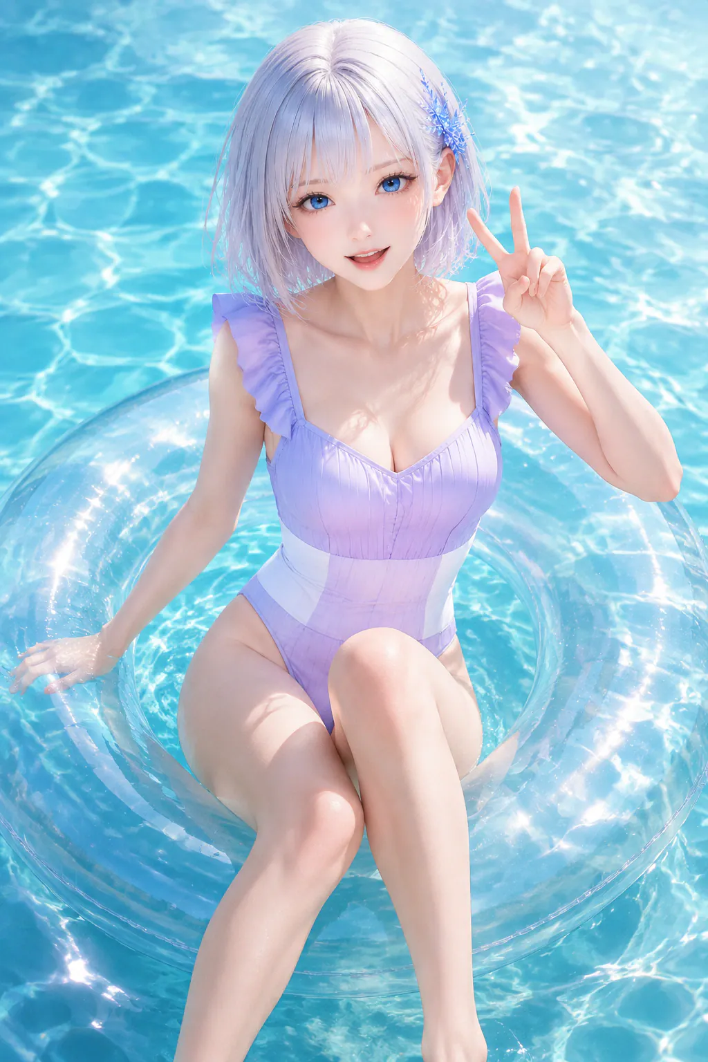 透明な浮き輪に座りラベンダーの水着姿でピースするLAPIS