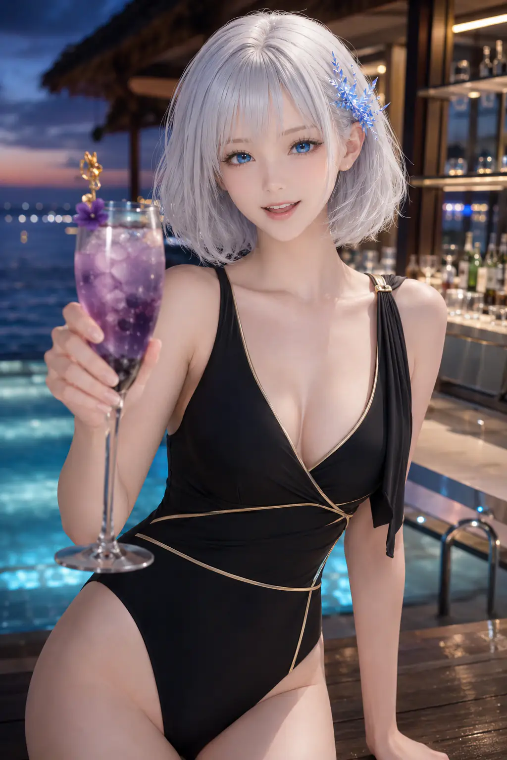 夜のプールバーで黒とゴールドの水着を着て紫色のドリンクを掲げるLAPIS