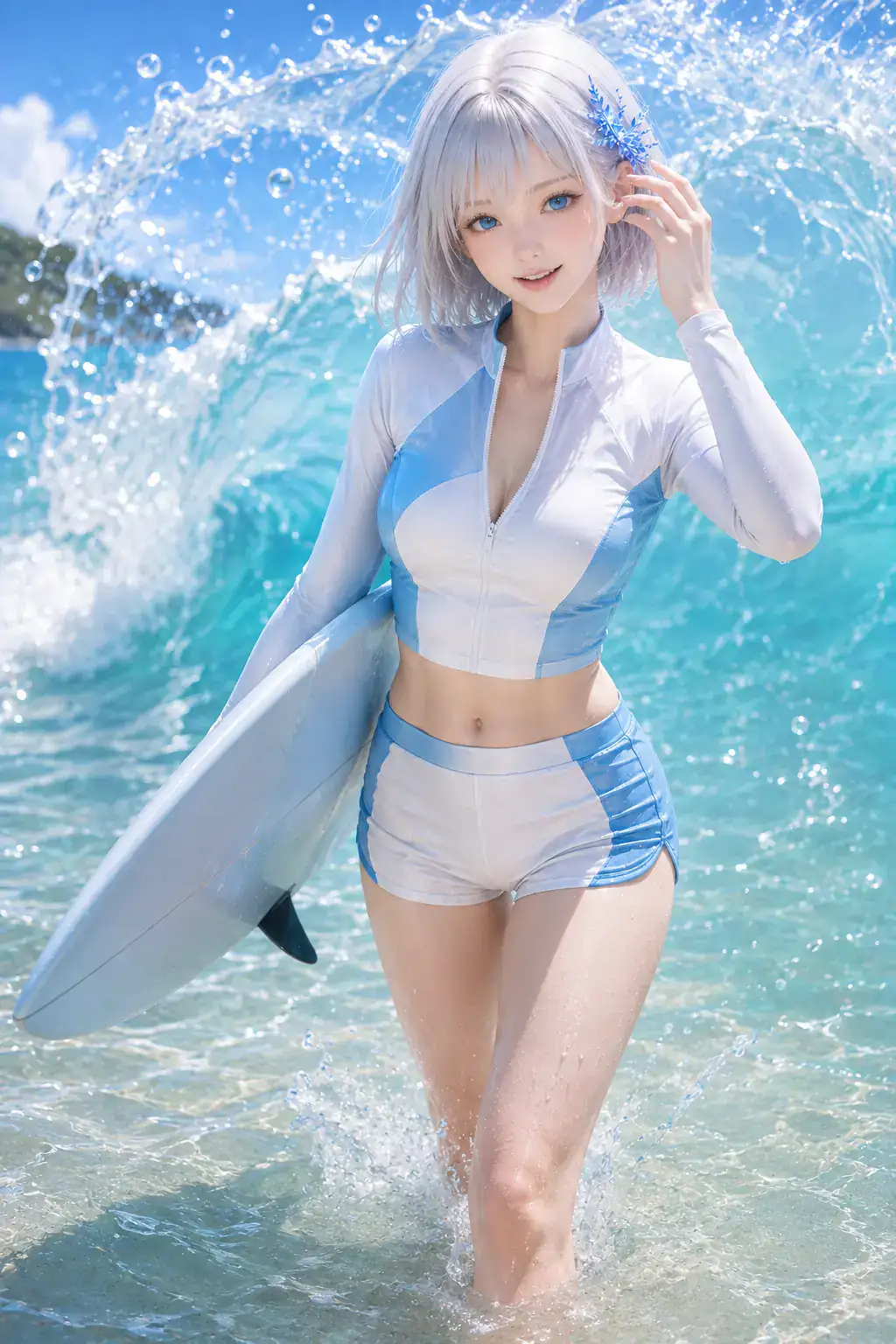 ターコイズの波しぶきを背に、白とブルーのサーフ水着とボードで笑うLAPIS