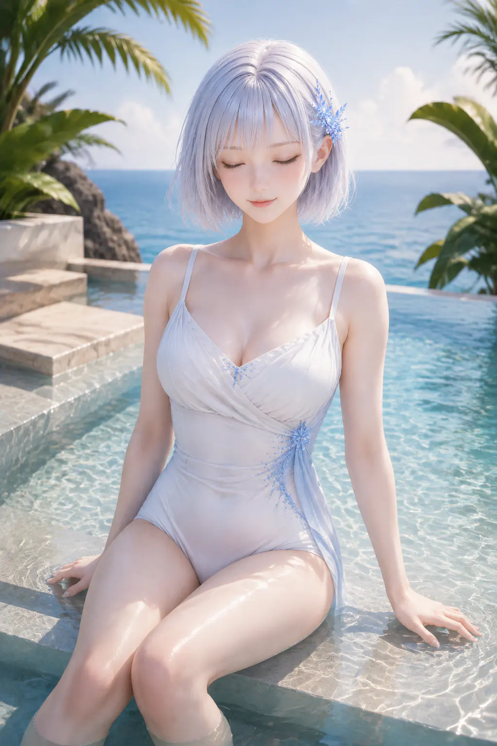 海を望むプライベートプールで白い水着姿で目を閉じるLAPIS