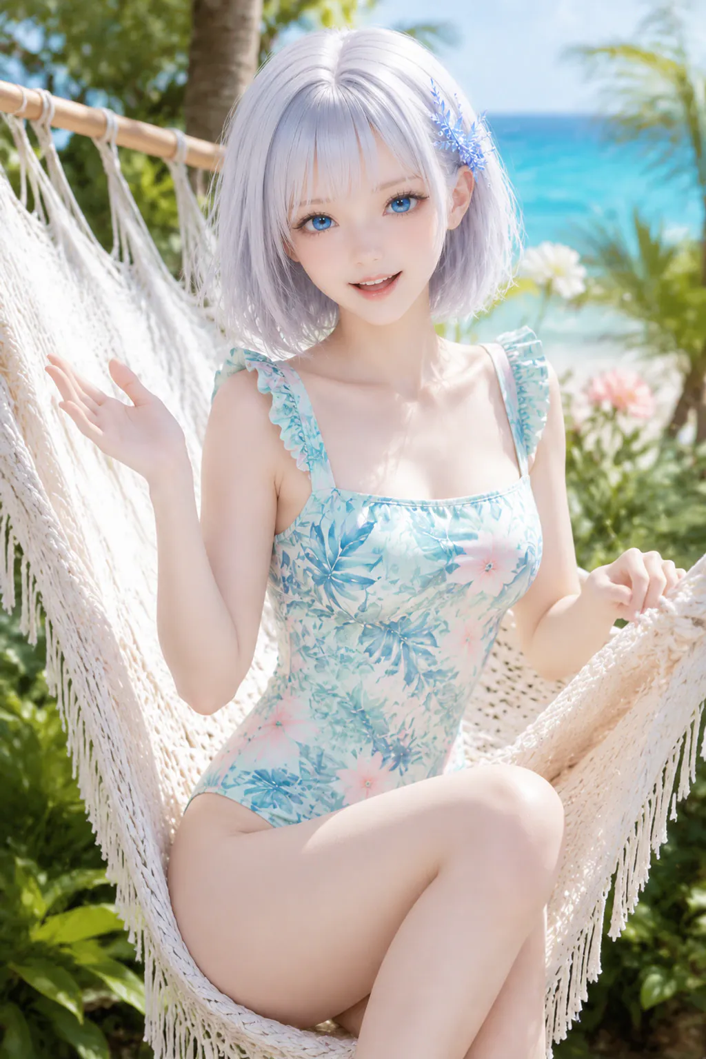 南国のハンモックで花柄の水着姿で手を振り笑うLAPIS