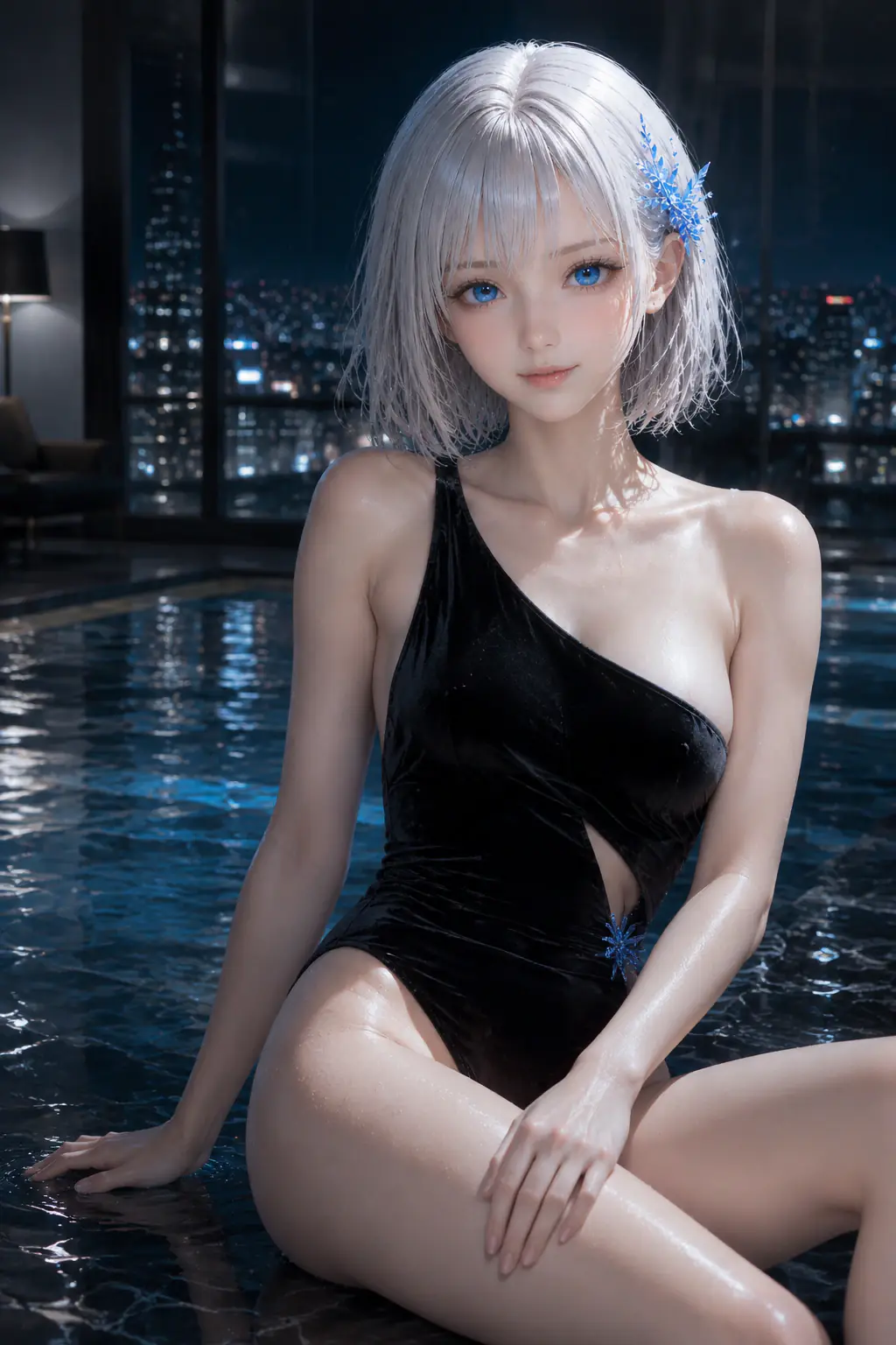 月明かりと都市の夜景を望むホテルプールで黒い水着を着る濡れ髪のLAPIS
