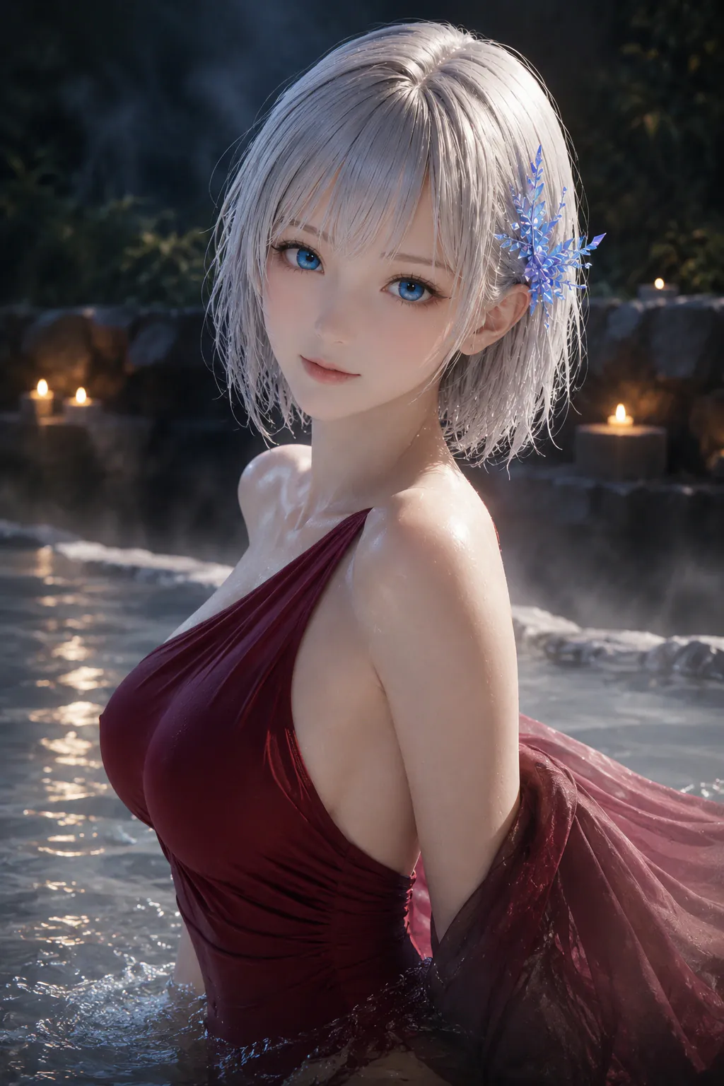 キャンドルが灯る夜の温泉プールで深紅の水着を着る濡れ髪のLAPIS