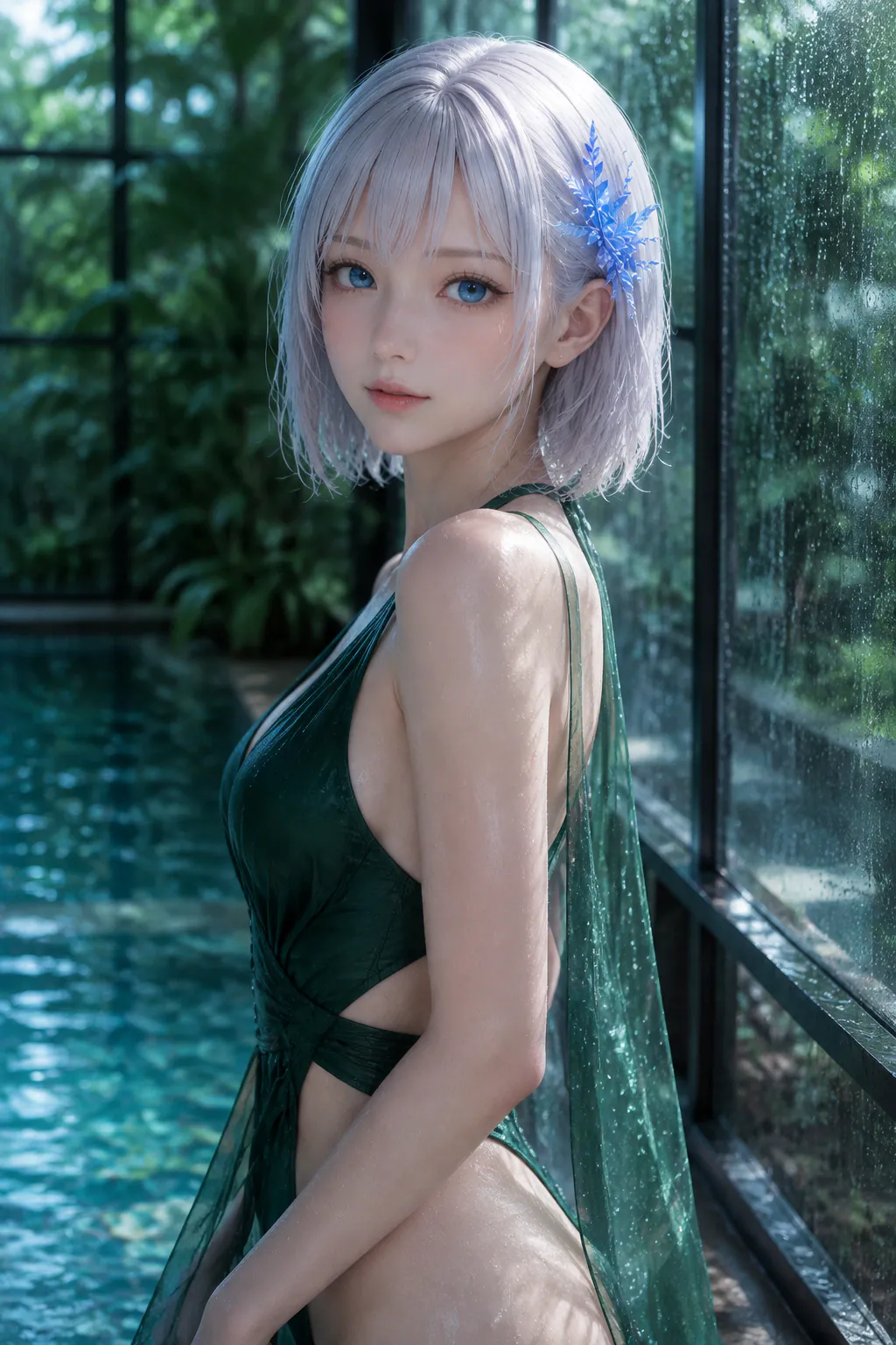 雨粒が伝う温室プールで深いエメラルドの水着を着るLAPIS