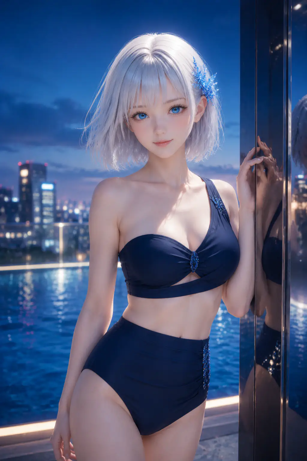青い夜の屋上プールでミッドナイトブルーのハイウエスト水着を着るLAPIS