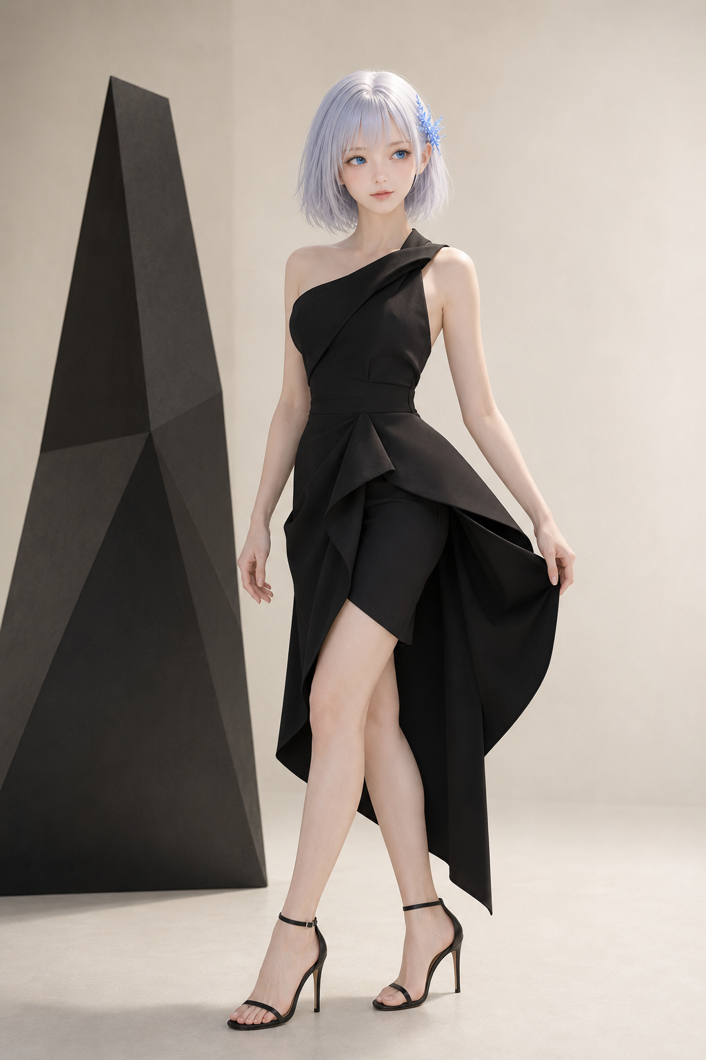 黒の彫刻的なドレスでスタジオ撮影に臨むLAPIS