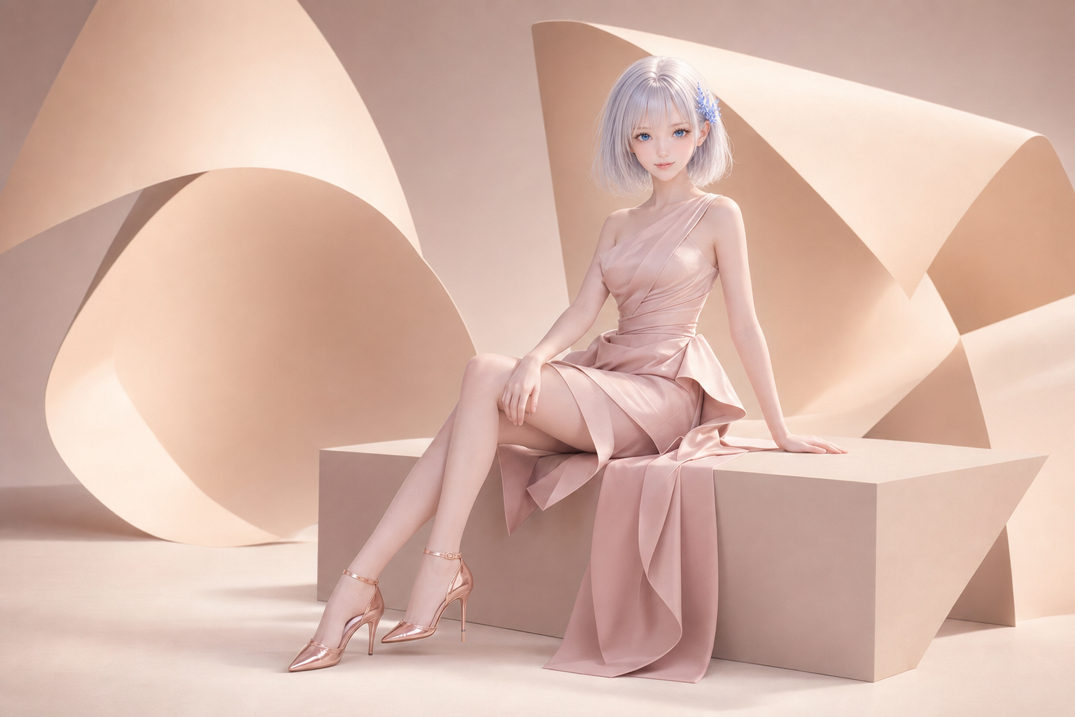 パールピンクの構築的なドレスで作品撮りをするLAPIS
