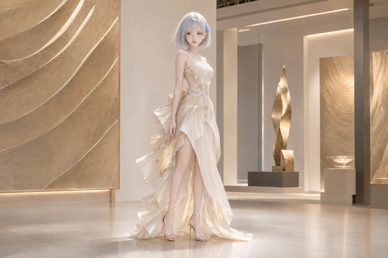 シャンパンゴールドの構築的なドレスで美術館に立つLAPIS