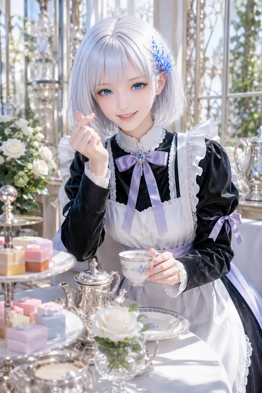 陽光の温室ティーサロンで指ハートを作り微笑む黒いクラシカルメイド姿のLAPIS