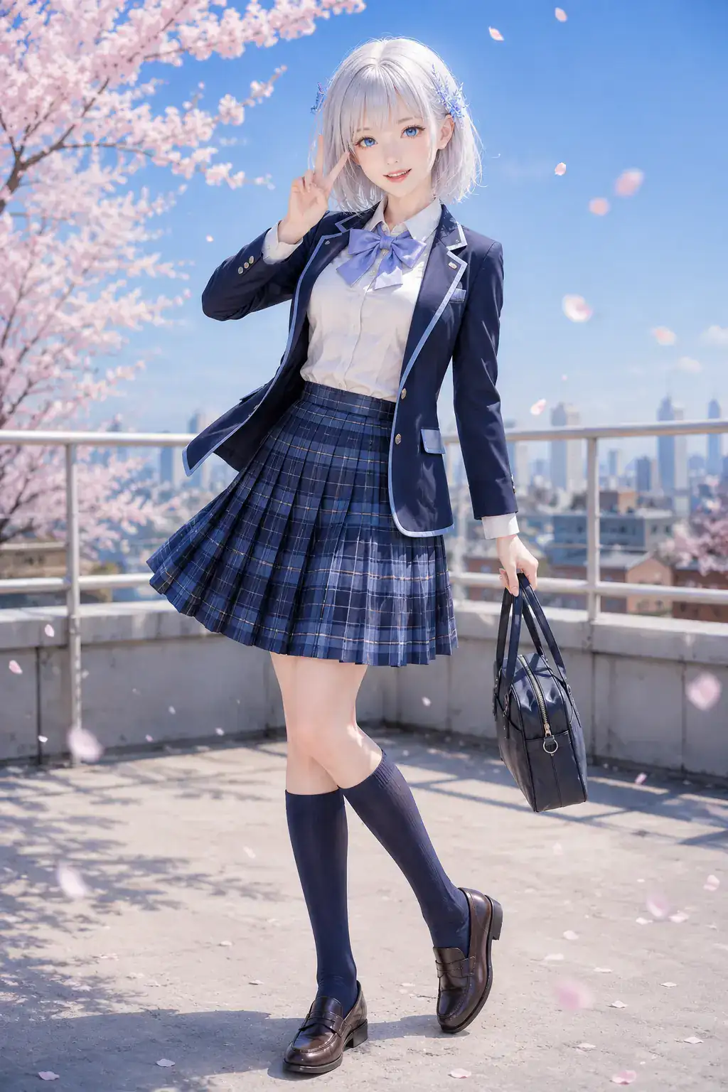 桜が舞う春の屋上で紺のブレザーとチェック柄の制服をまとい笑顔でピースするLAPIS