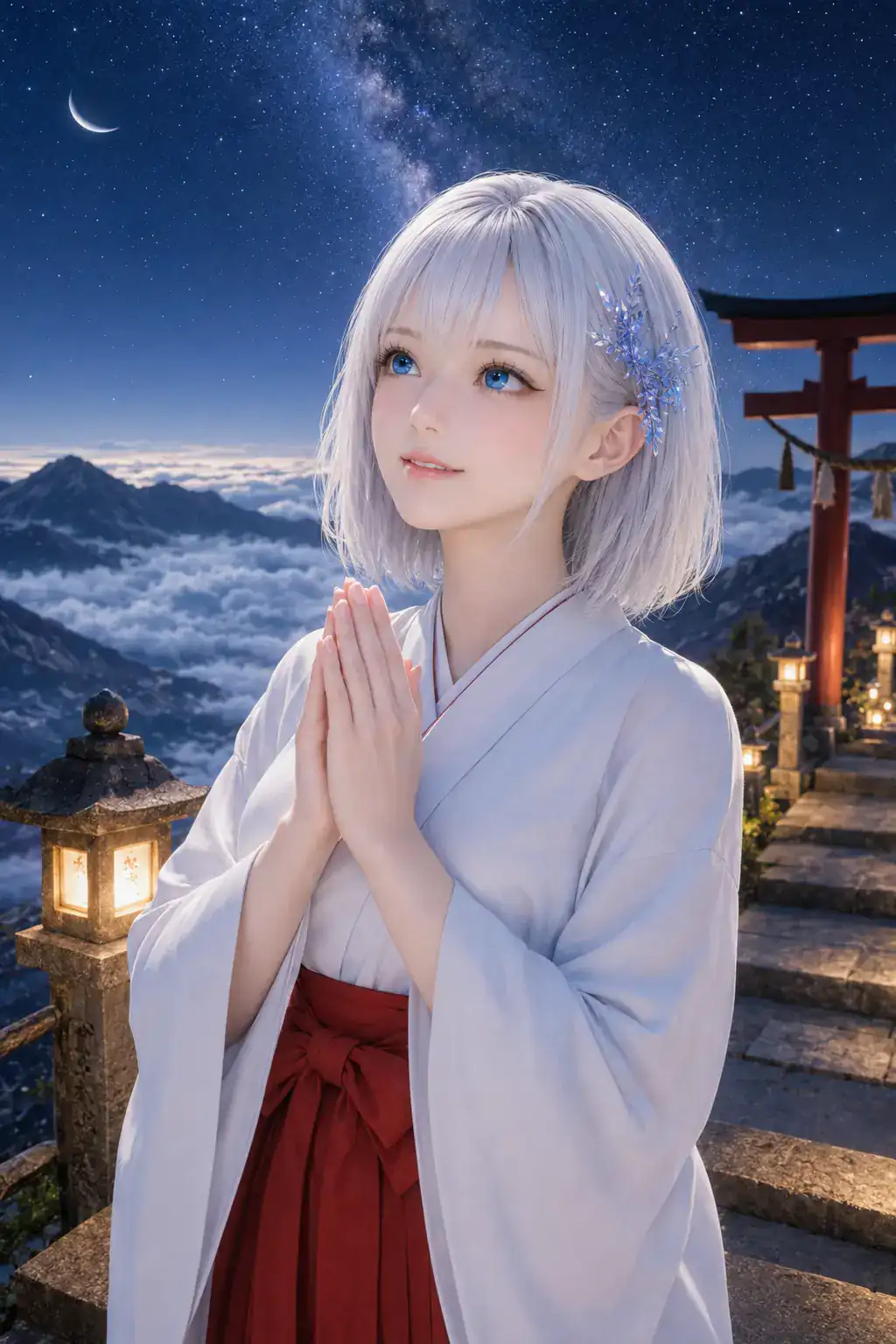 星空と雲海を望む天空神社で白衣と緋袴をまとい両手を合わせて祈るLAPIS