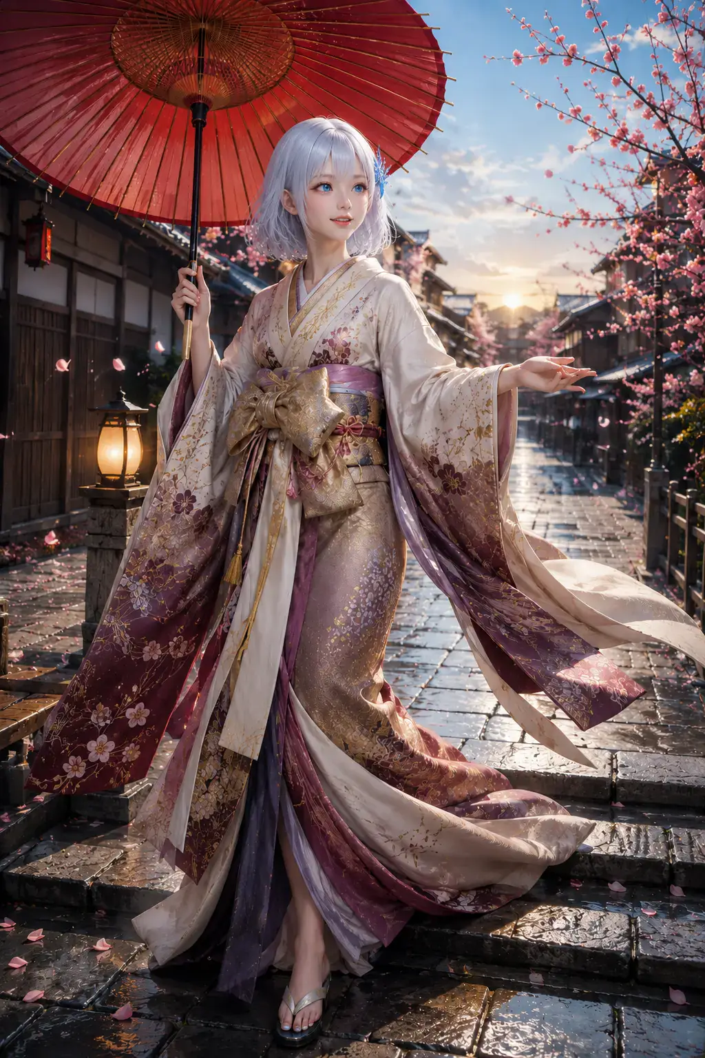 夕映えの花街で朱の和傘を差し白と葡萄色と金の花魁衣装をまとい微笑むLAPIS