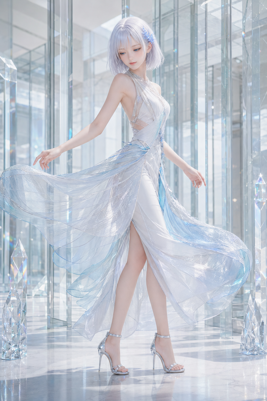 クリスタルシアンのドレスで透明な回廊に立つLAPIS