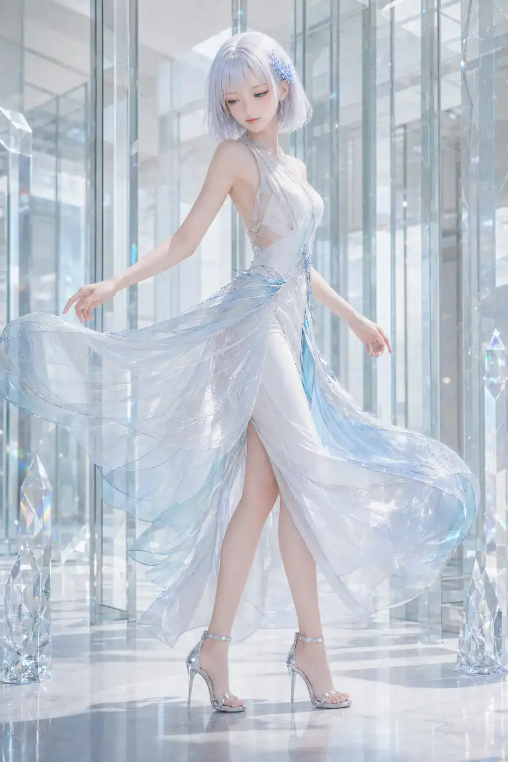 クリスタルシアンのドレスで透明な回廊に立つLAPIS
