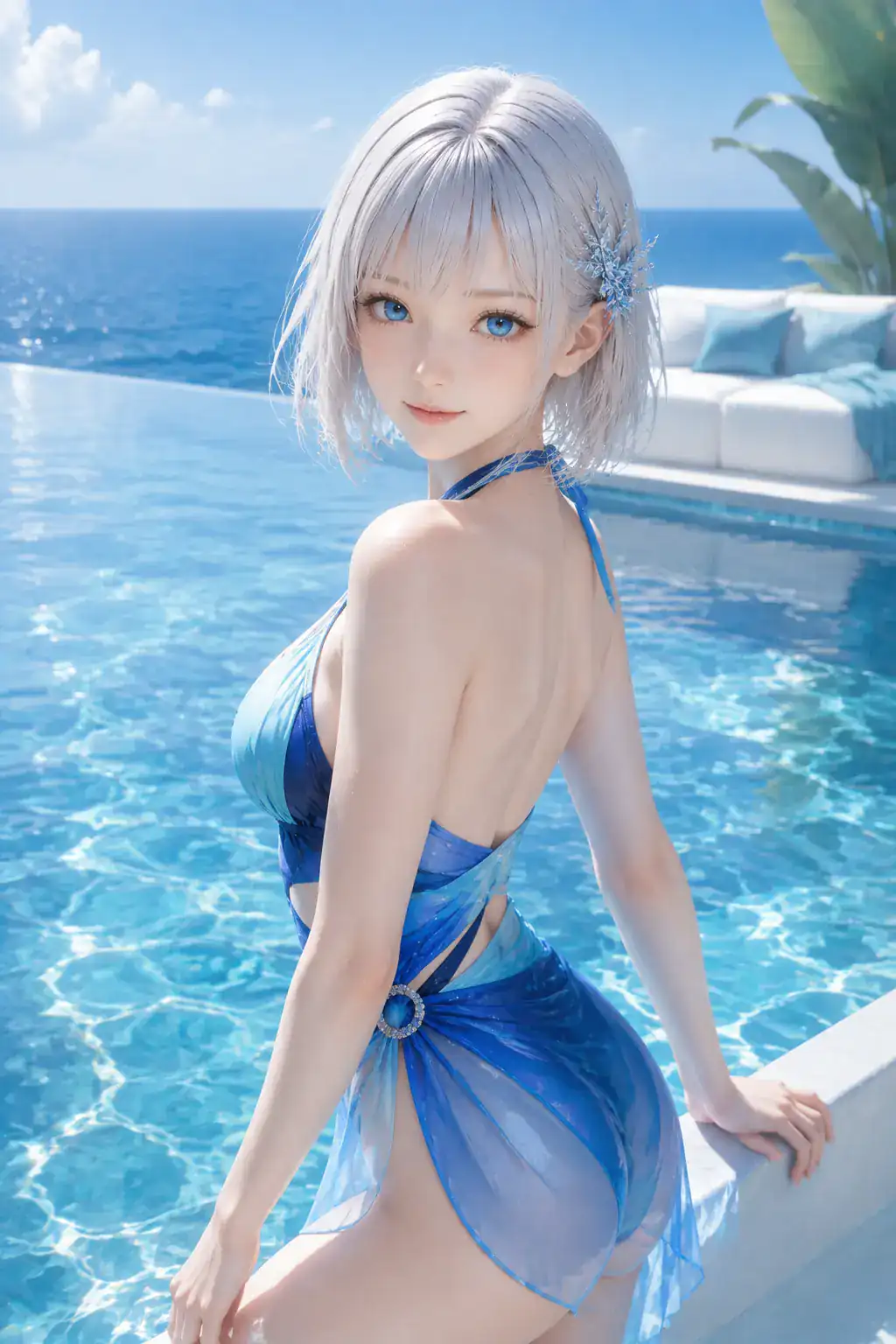 海を望む明るいリゾートプールでブルーのデザイナーズ水着をまとい振り返るLAPIS