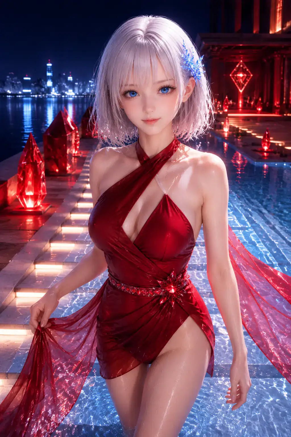 都会のナイトプールで深紅のデザイナーズ水着をまとい穏やかに見つめるLAPIS