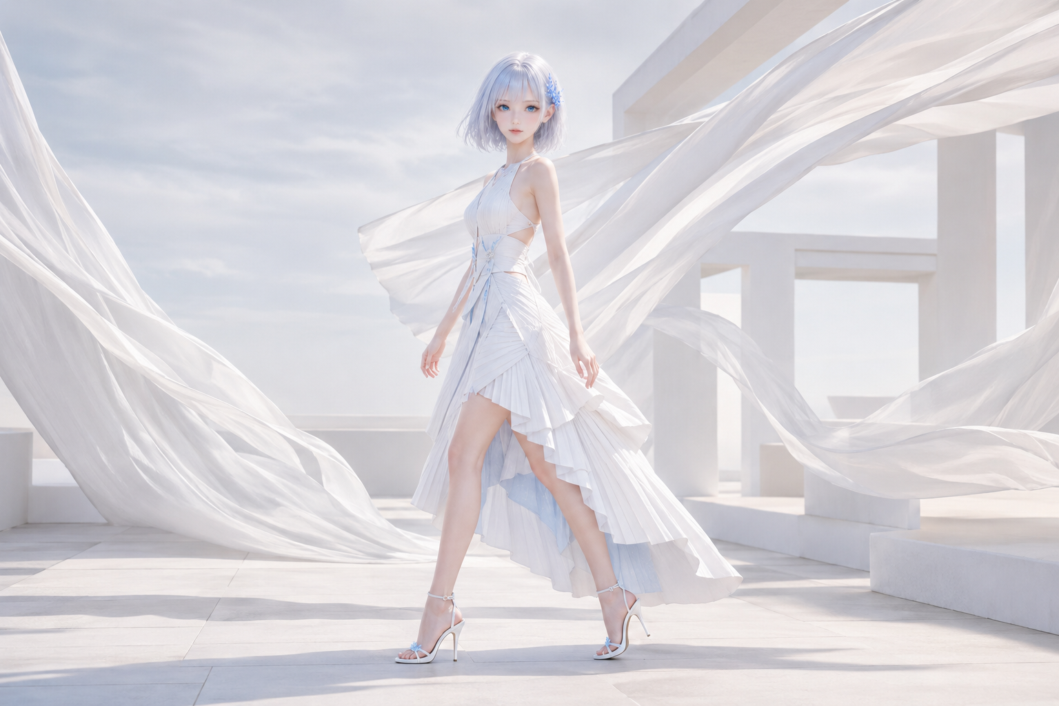 風を受けるアイスブルーのドレスで屋上を歩くLAPIS
