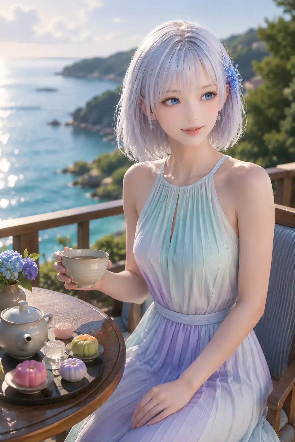 海を望むテラスで日本茶と季節の和菓子を楽しむLAPIS
