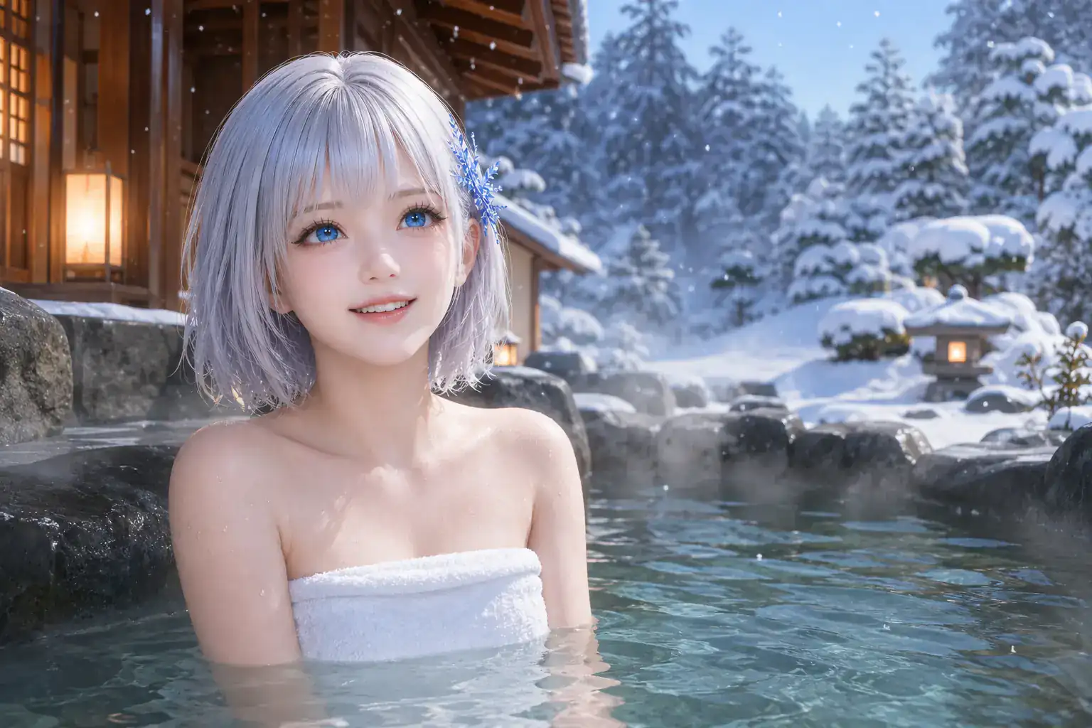 明るい雪景色の露天風呂で白いタオルをまとい、温泉宿の魅力を紹介するLAPIS