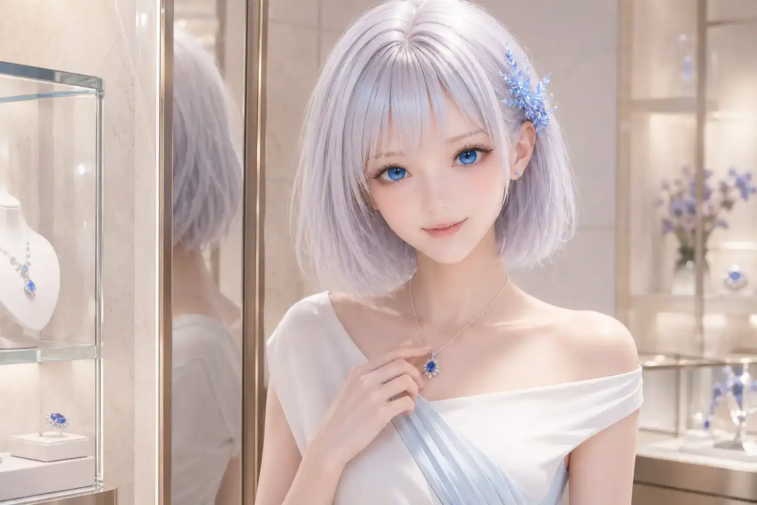 ラグジュアリージュエリーブティックの鏡前でブルーサファイアのネックレスを試着するLAPIS