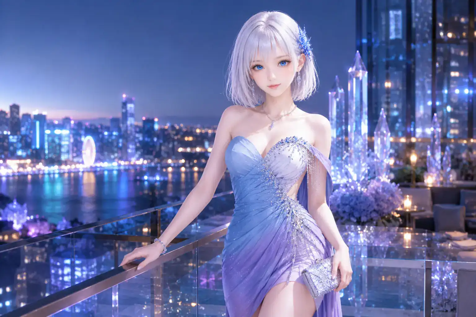 東京の夜景を望むルーフトップラウンジでクリスタルドレスをまとうLAPIS