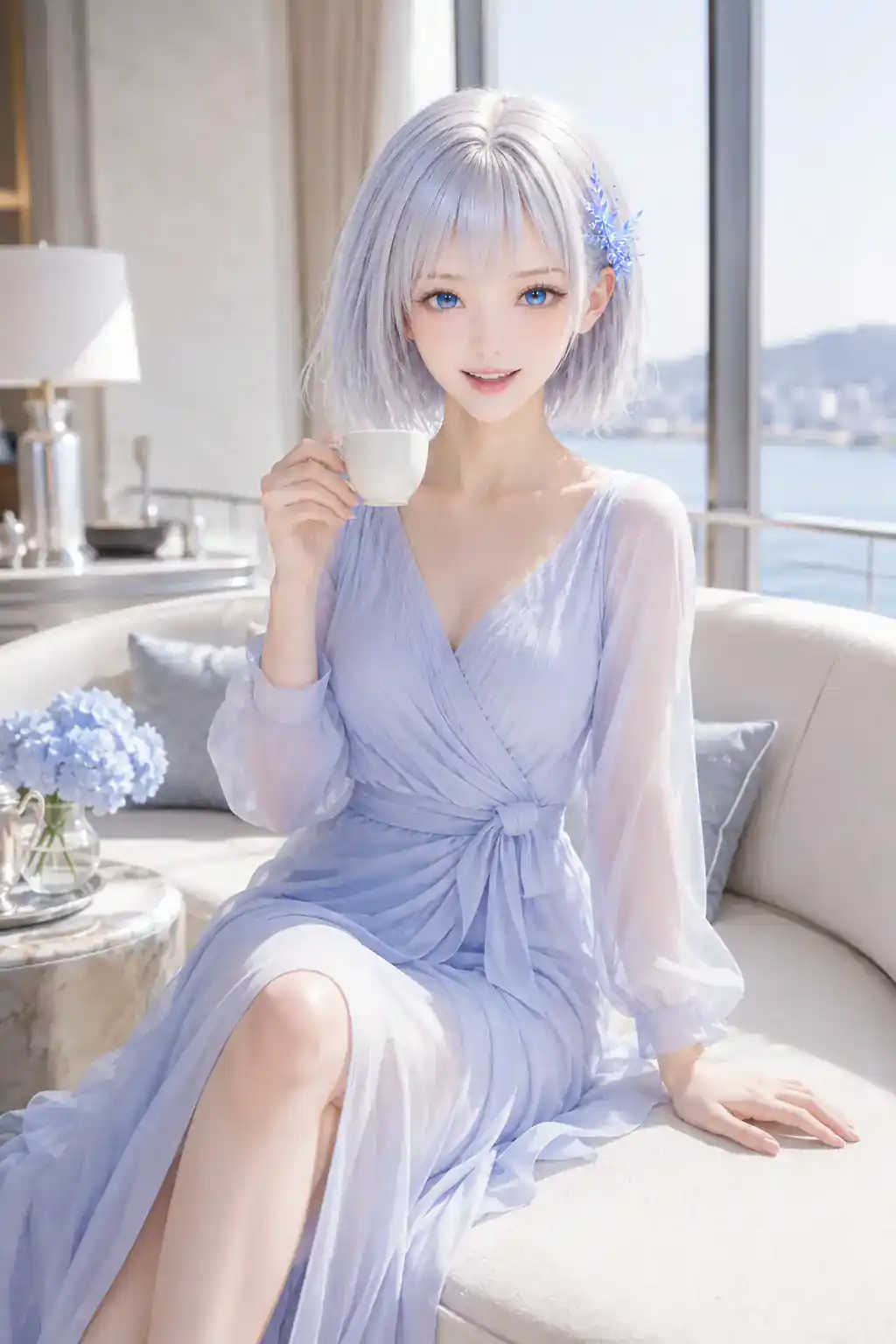 高層ホテルのスイートラウンジでウェルカムティーを楽しみながら滞在を紹介するLAPIS