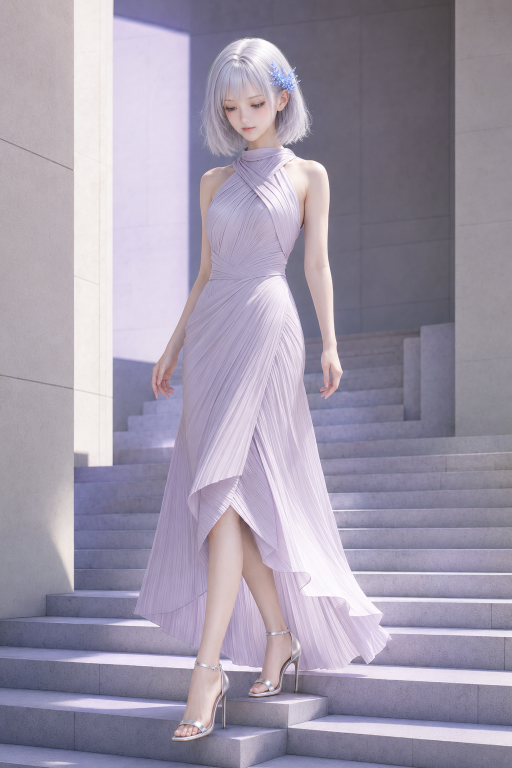 ラベンダーのプリーツドレスで階段を降りるLAPIS