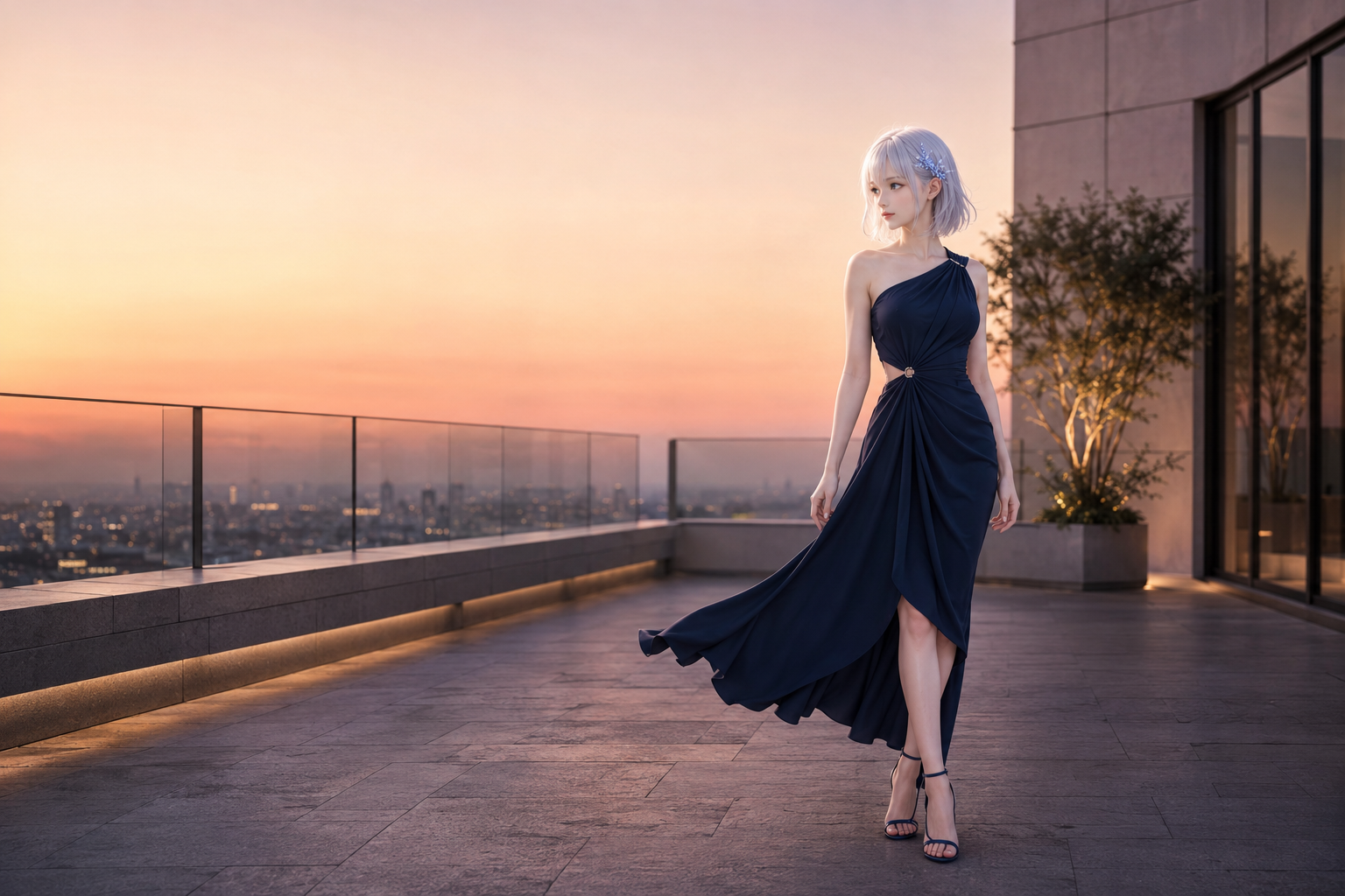 深いネイビーのドレスで夕暮れの屋上に立つLAPIS